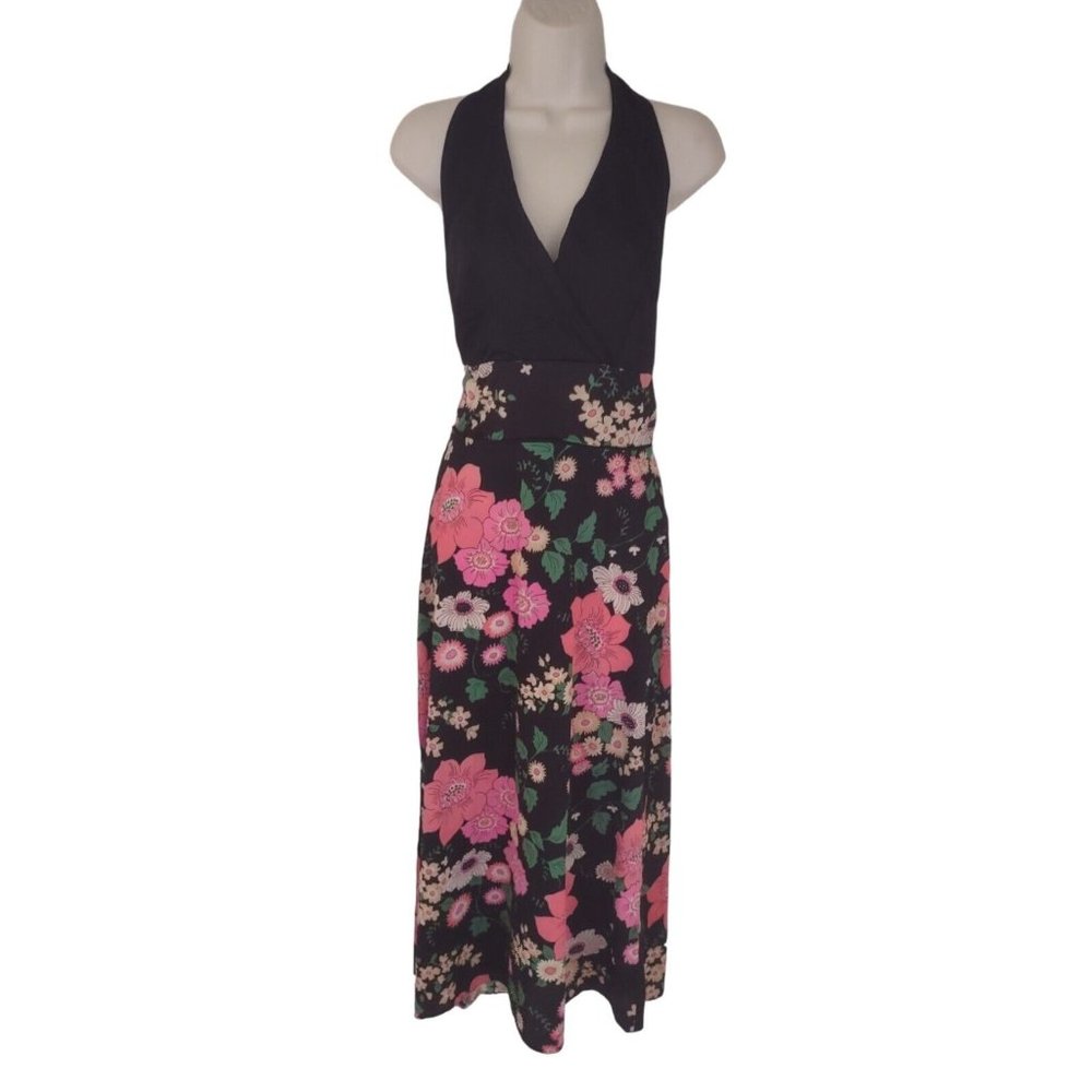 Vintage 60s Deep V Halter Top Maxi House Dress Nightgown Pink Black Flower S/M